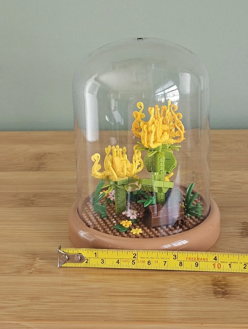 Glass Dome Terrarium with Yellow Floral Accent Bricks No Instructions Assembeled